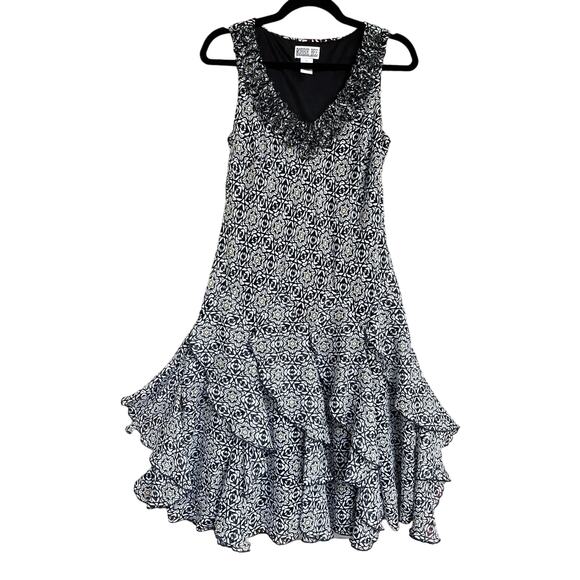 Robbie Bee, Size 6, Asymmetric Ruffled Black Geometric Mandala Print Dress, EUC - Picture 1 of 7
